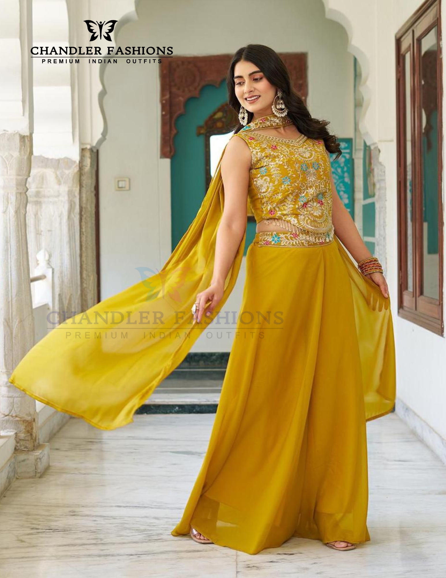 Yellow Color Georgette Thread Embroidery Work Palazzo Suits Near Me