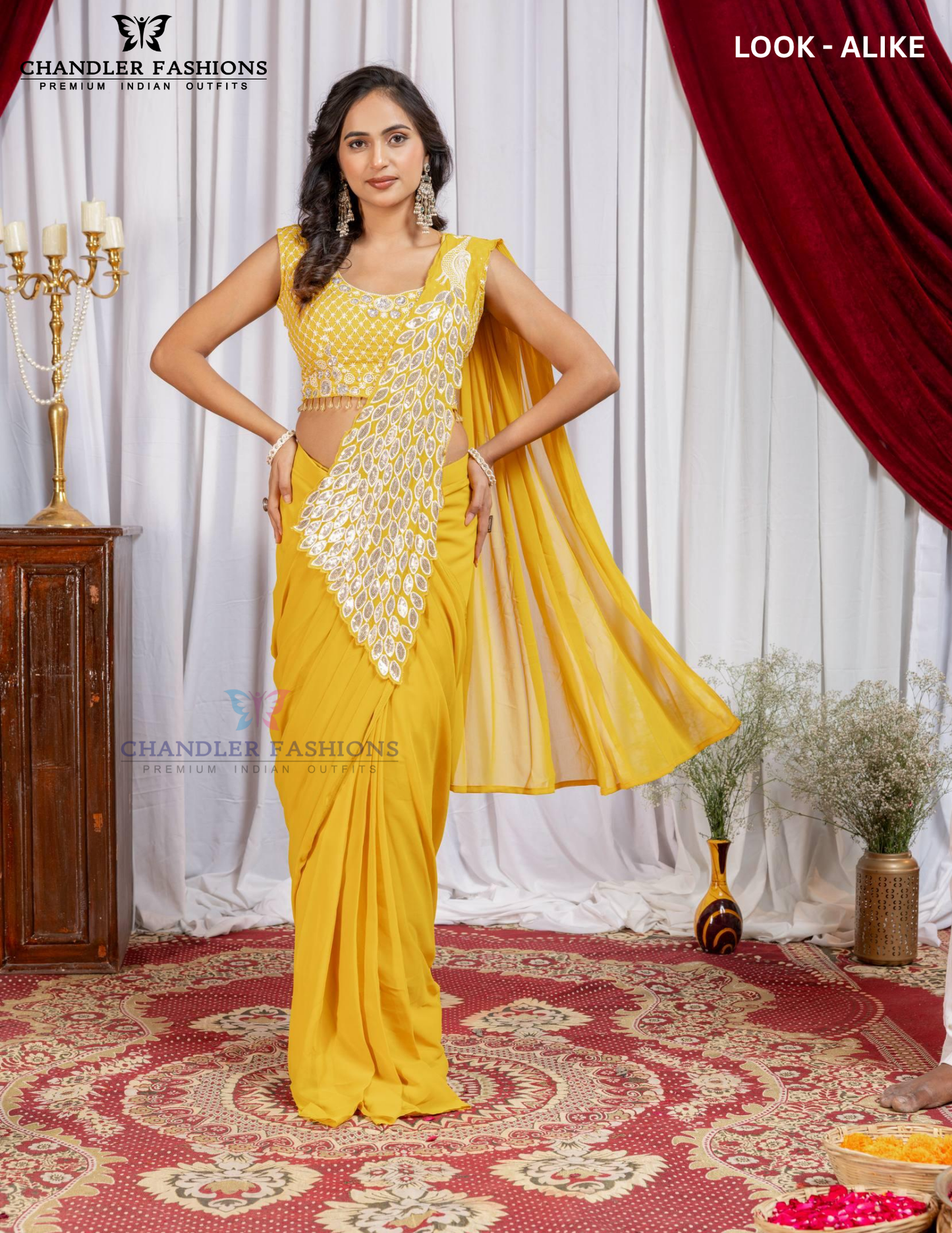 Wonderful Yellow Color Georgette With Embroidery Work Ready To Wear Saree For Women