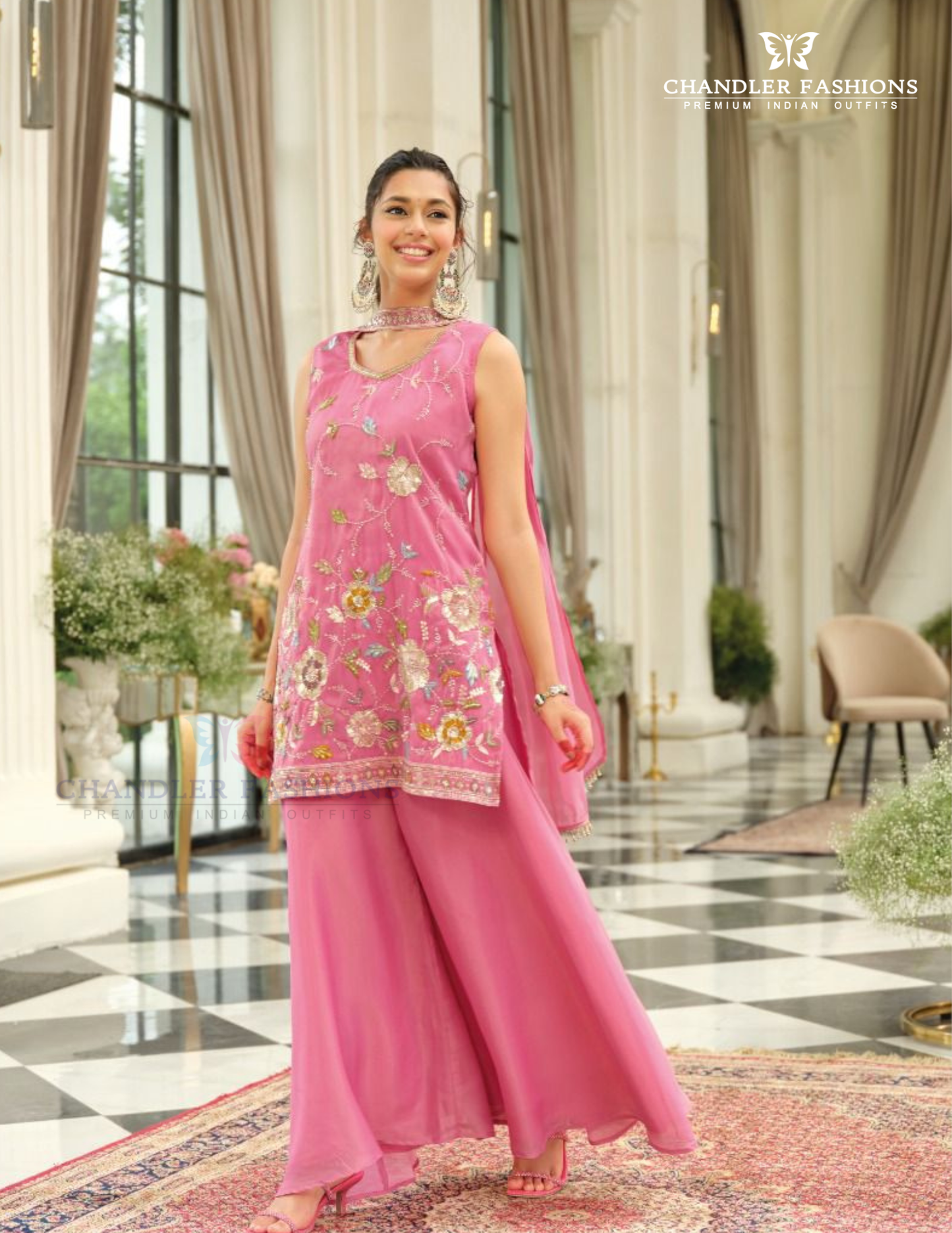 Light Pink Color Shimmer Silk Work Palazzo Suits In USA