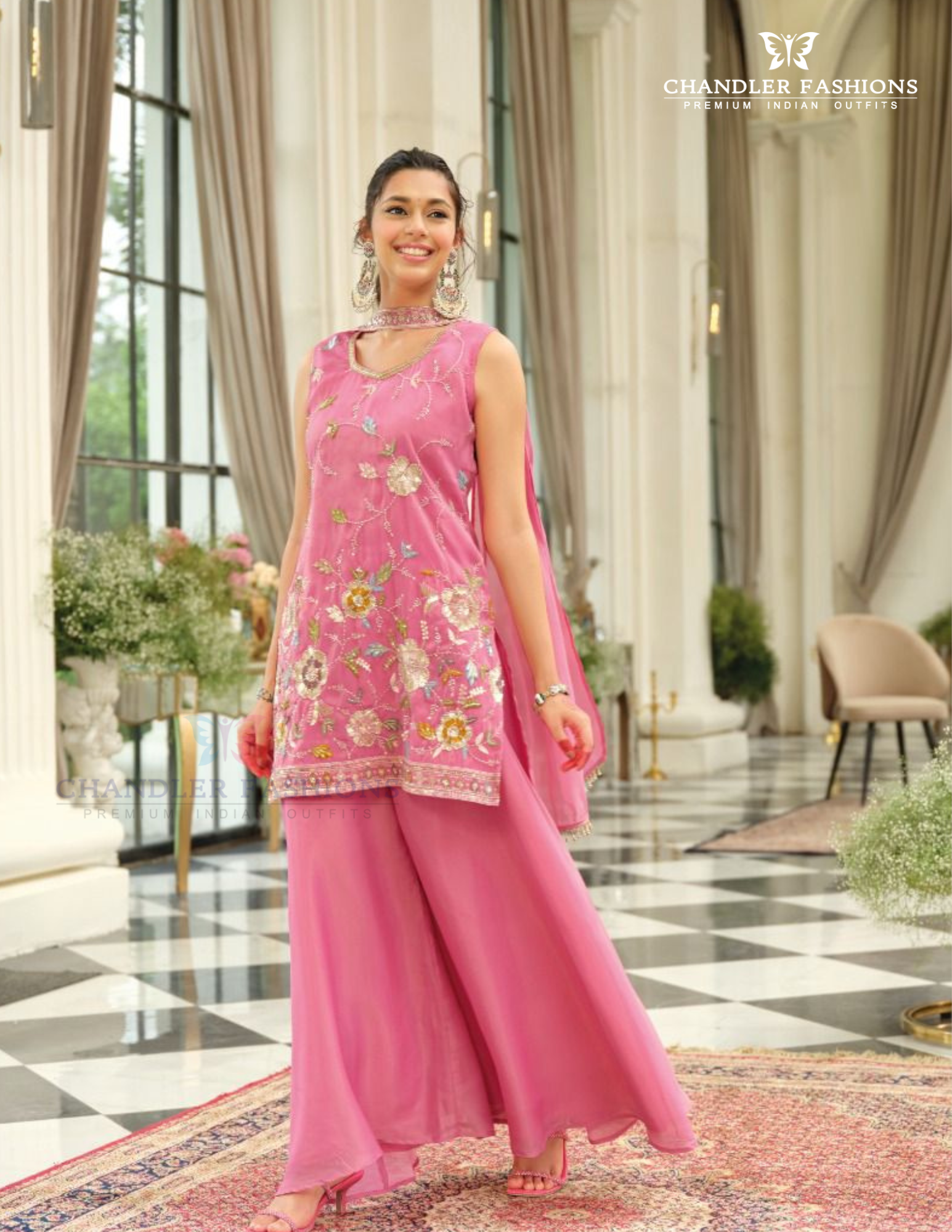 Light Pink Color Shimmer Silk Work Palazzo Suits In USA
