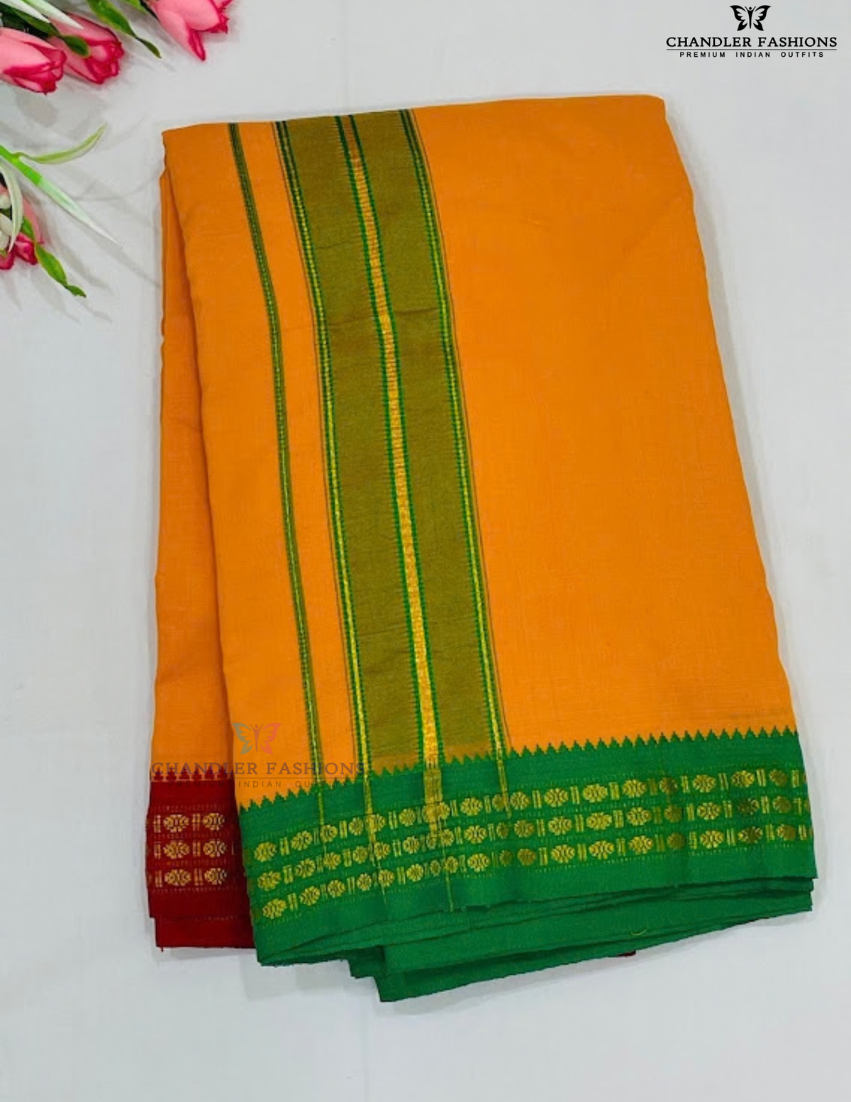 Fantastic Mustard Orange Cotton Dhoti With Maroon And Green Color Border And Matching Angavastram For Men