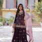 Graceful Dark Purple Color Faux Blooming Fabric With Embroidery And Sequins Work With Palazzo Suits