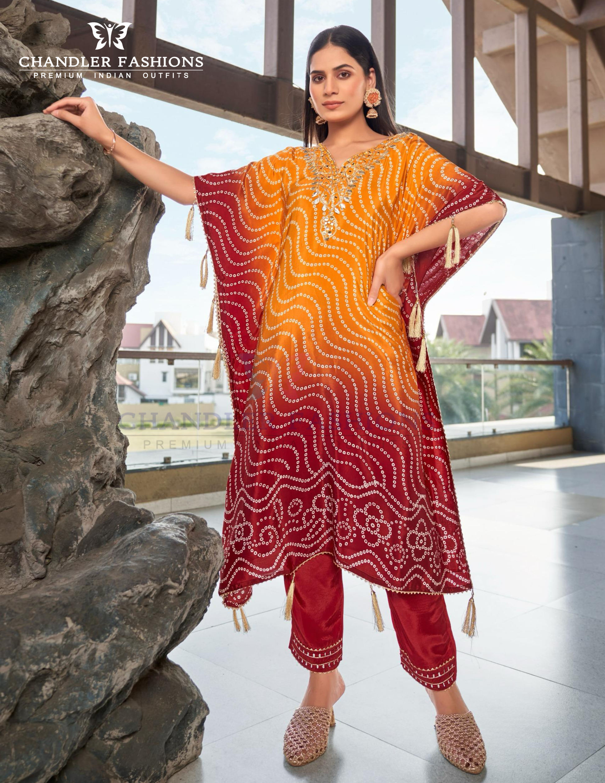 Elegant Yellow And Red Color Crepe With Embroidery And Mirror Work Kaftan Suits For Women