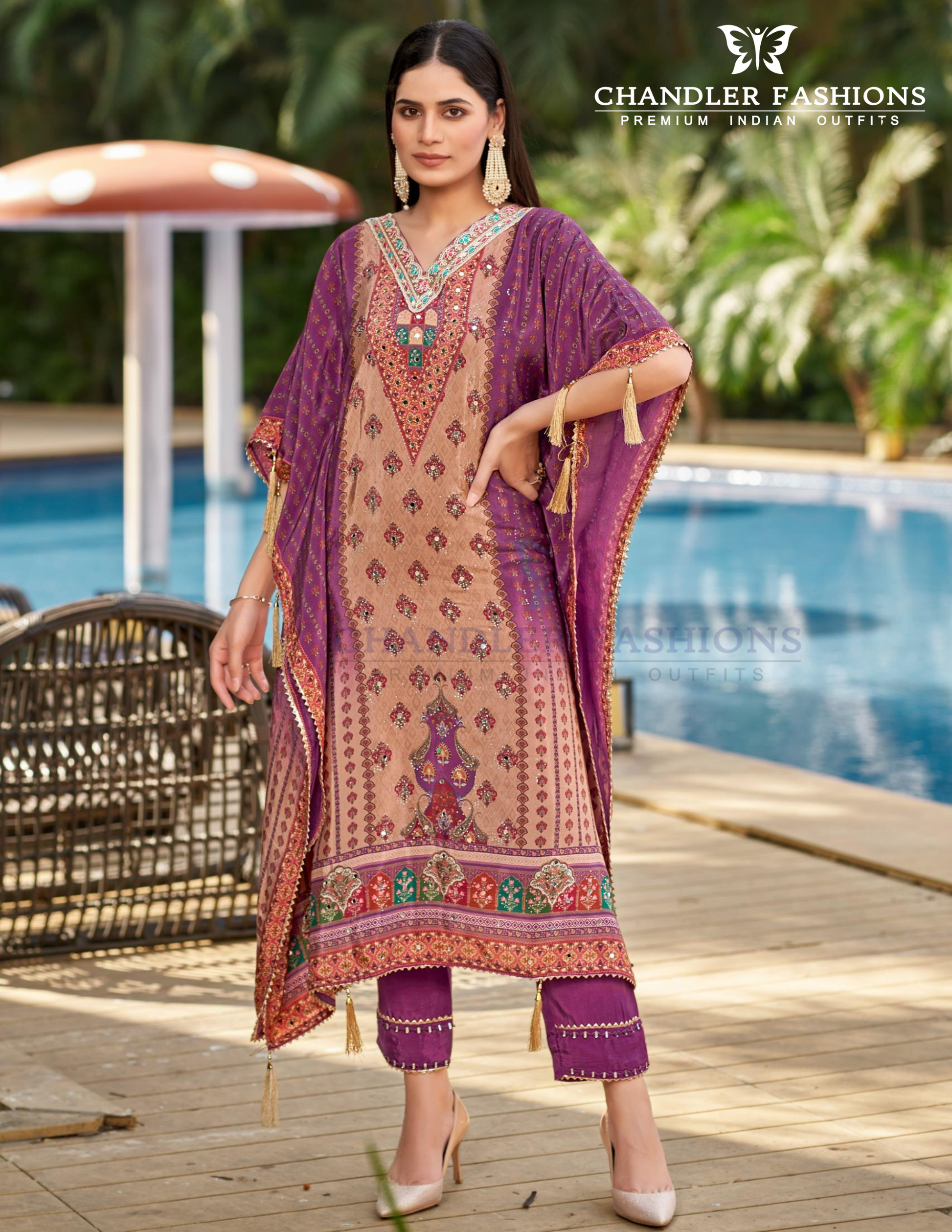 Beautiful Purple Color Crepe With Embroidery And Mirror Work Kaftan Suits For Women