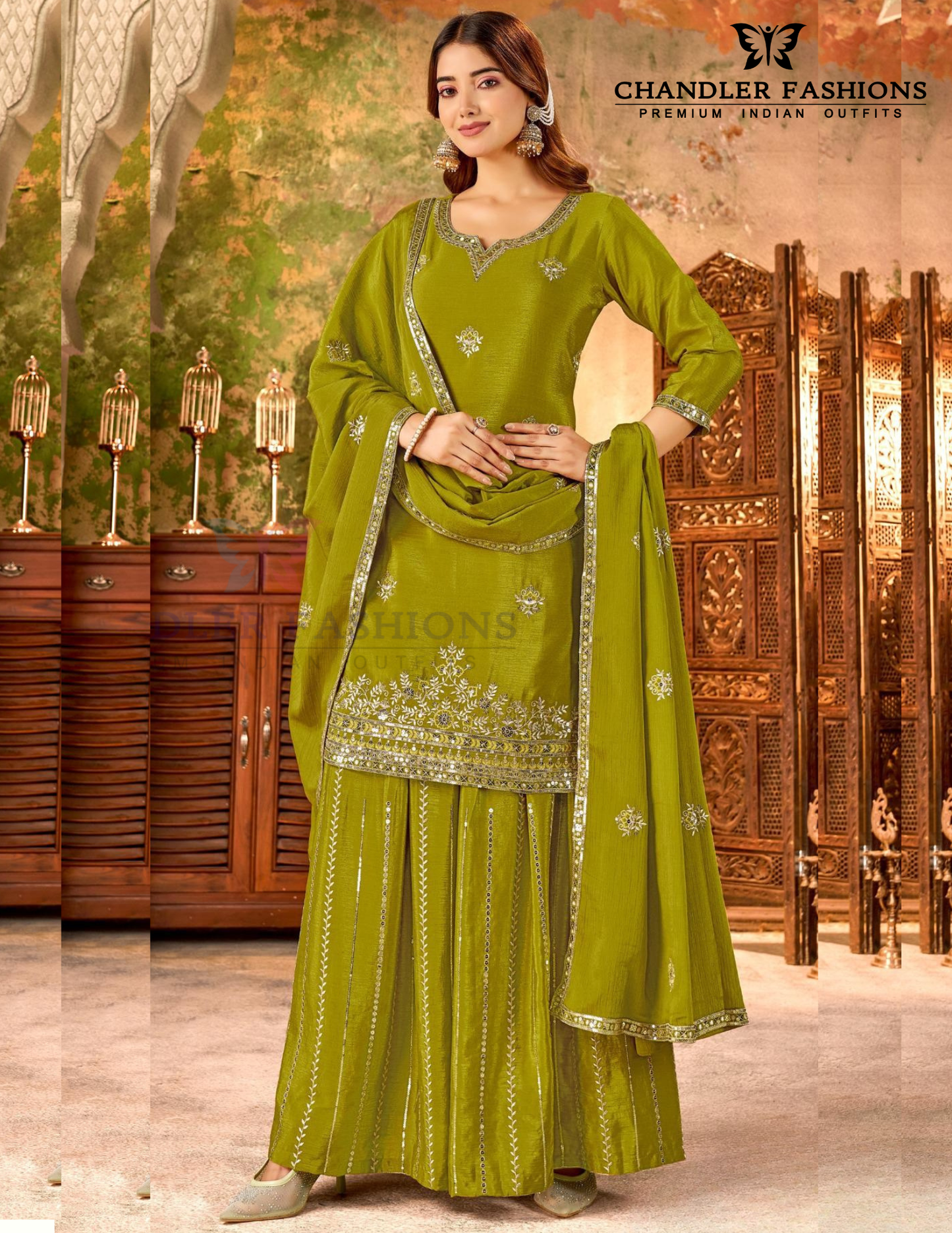 Marvelous Green Color Heavy Chinon With Embroidery Work Palazzo Suits For Women