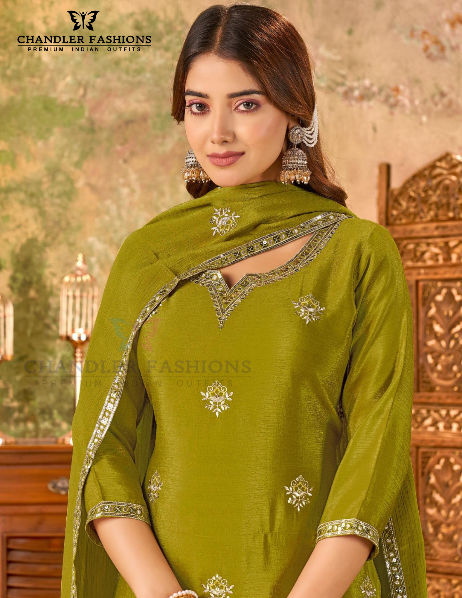 Green Color Heavy Chinon With Embroidery Work Palazzo Suits Near Me