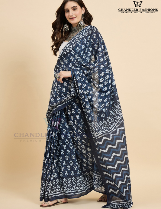 Delightful Blue Color Cotton With Printed Work Saree For Women