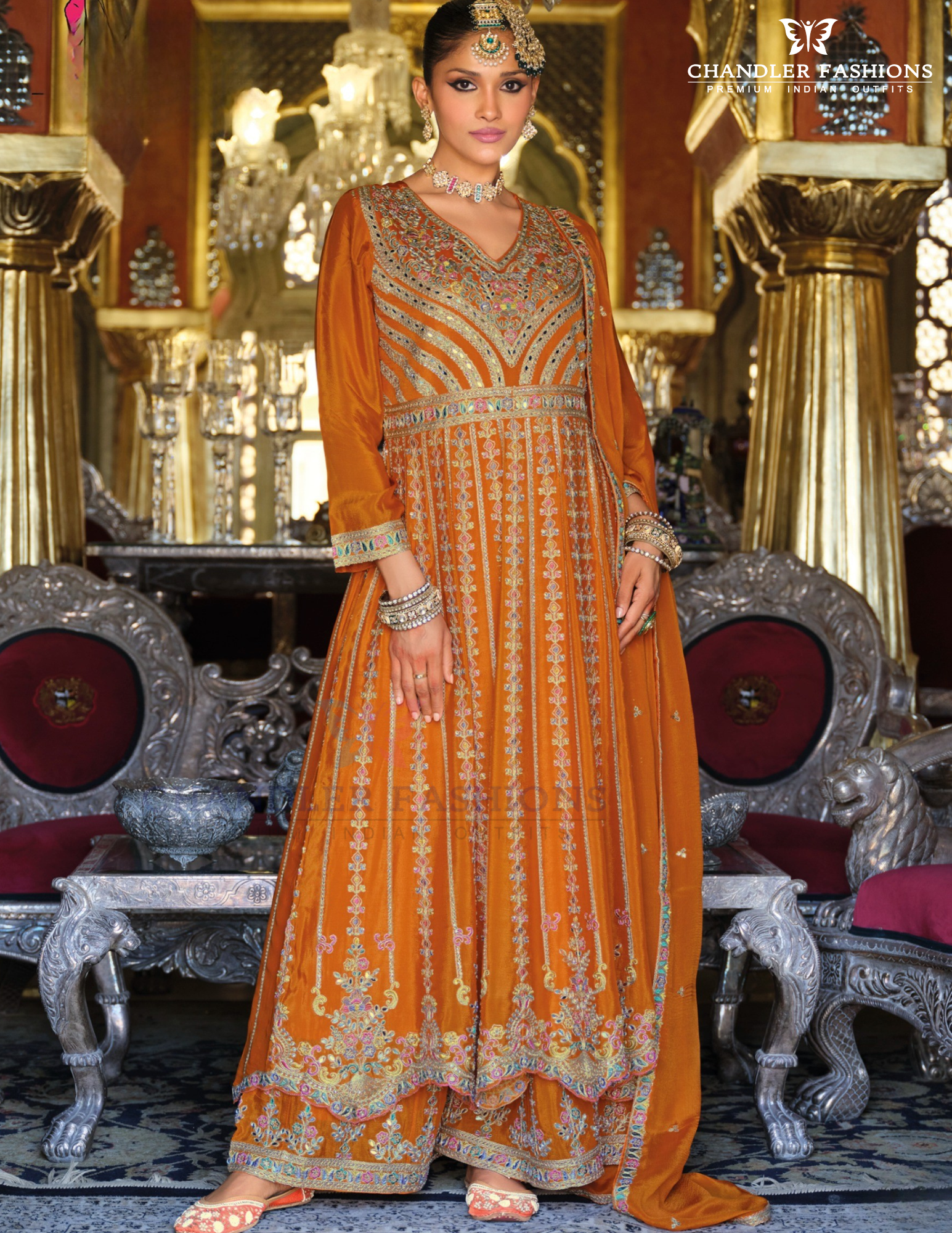Pretty Orange Color Heavy Chinon With Embroidery Work Palazzo Suits For Women