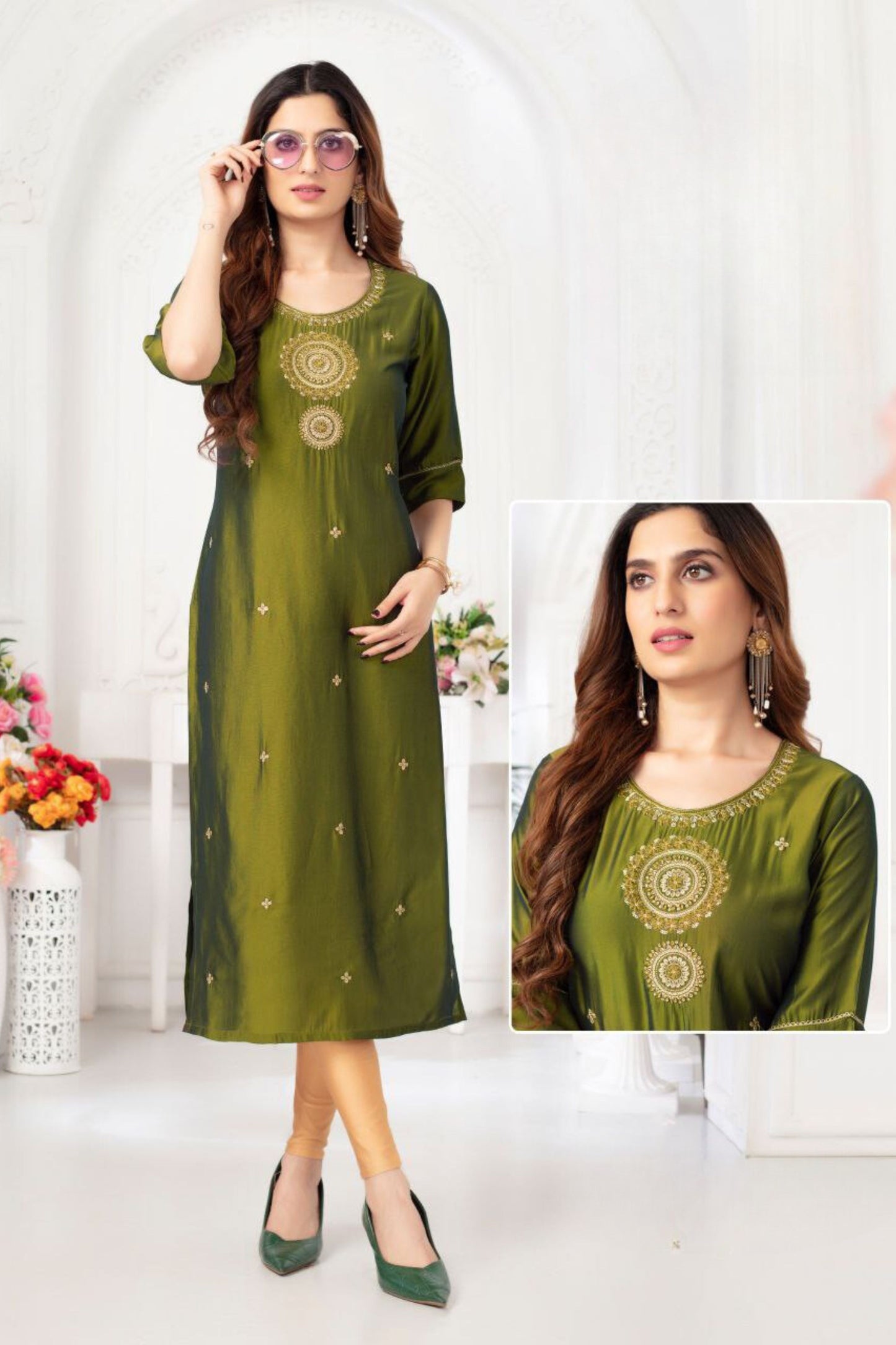 Gorgeous Green Color Embroidery Work And Rangila Viscose Silk Kurti For Women