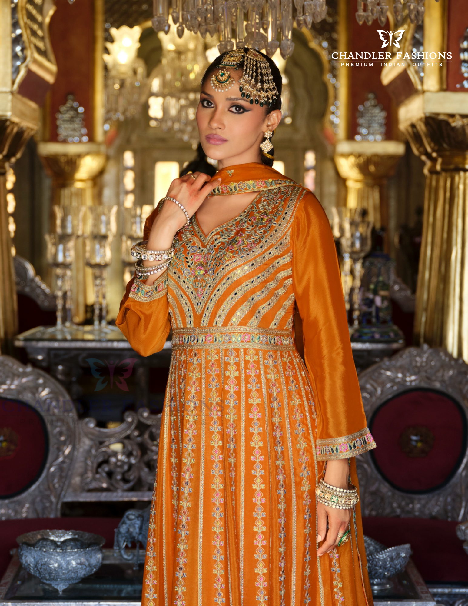 Orange Color Heavy Chinon With Embroidery Work Palazzo Suits Near Me