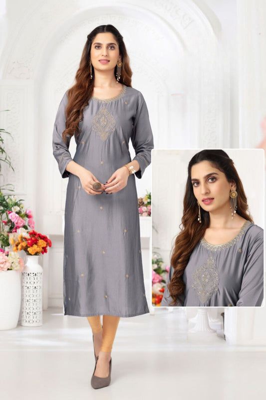 Attractive Gray Color Embroidery Work And Rangila Viscose Silk Kurti For Women