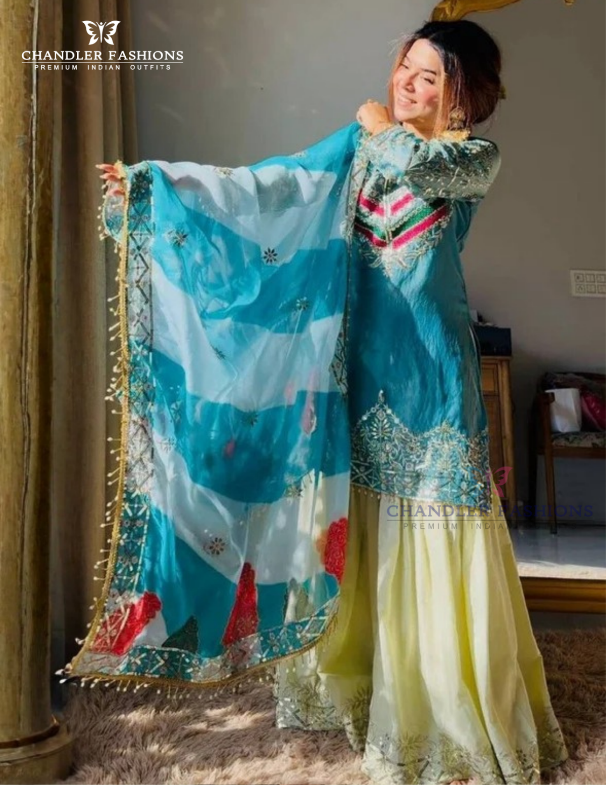 Elegant Teal Blue Color Fendy Silk With Embroidery And Sequins Work Sharara Suit For Women 