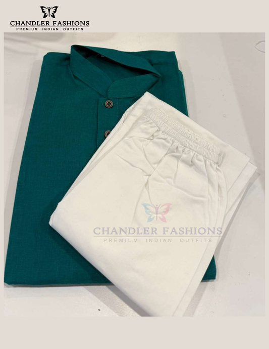Attractive Teal Green Color Cotton Kurta With Pajama Set For Boys