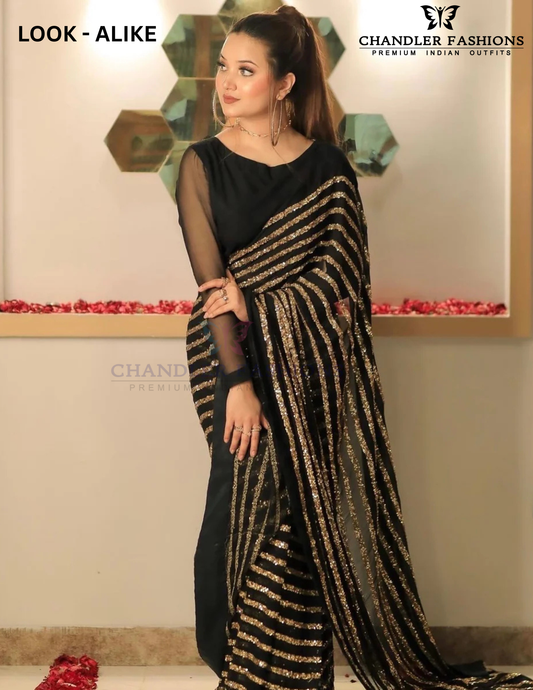 Black Premium Blooming Georgette Sequins Work Designer Saree