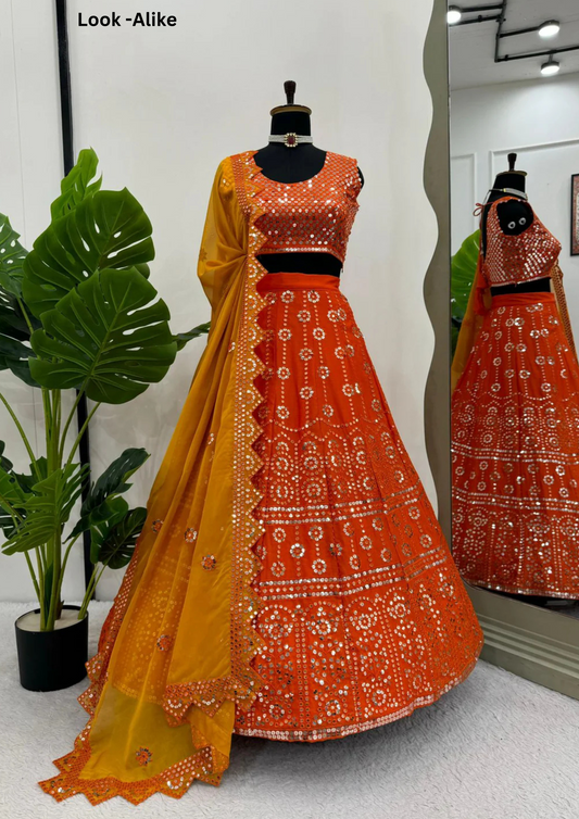 Alluring Orange Color Chinon Sequins And Thread Work Lehenga With Lace Border Dupatta