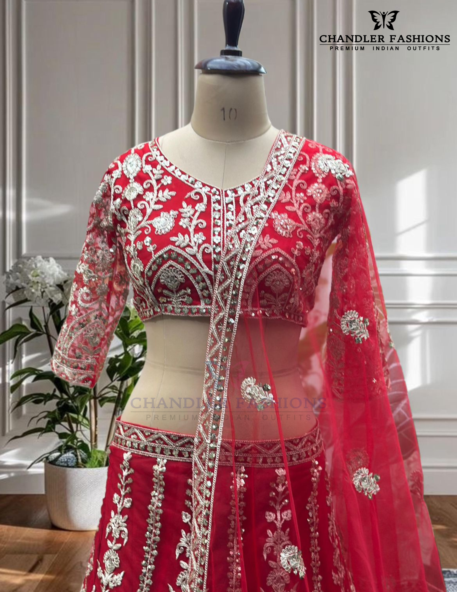 Attractive Red Color Butterfly Net With Embroidery And Sequins Work Lehenga In Mesa