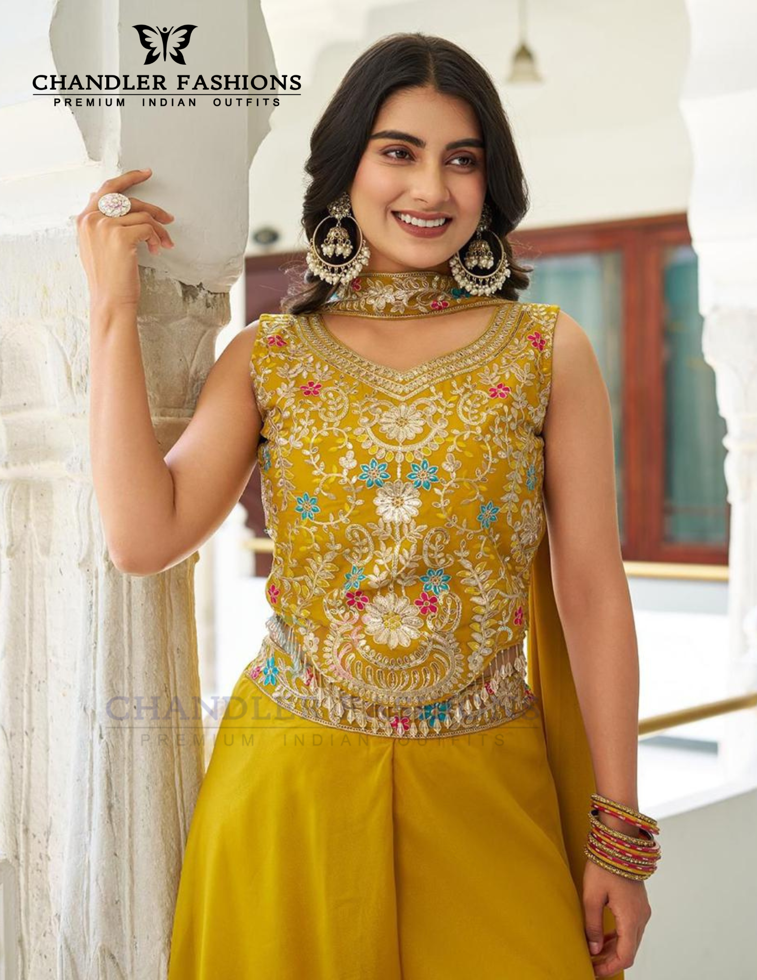 Fabulous Yellow Color Embroidery Work Palazzo Suits In USA