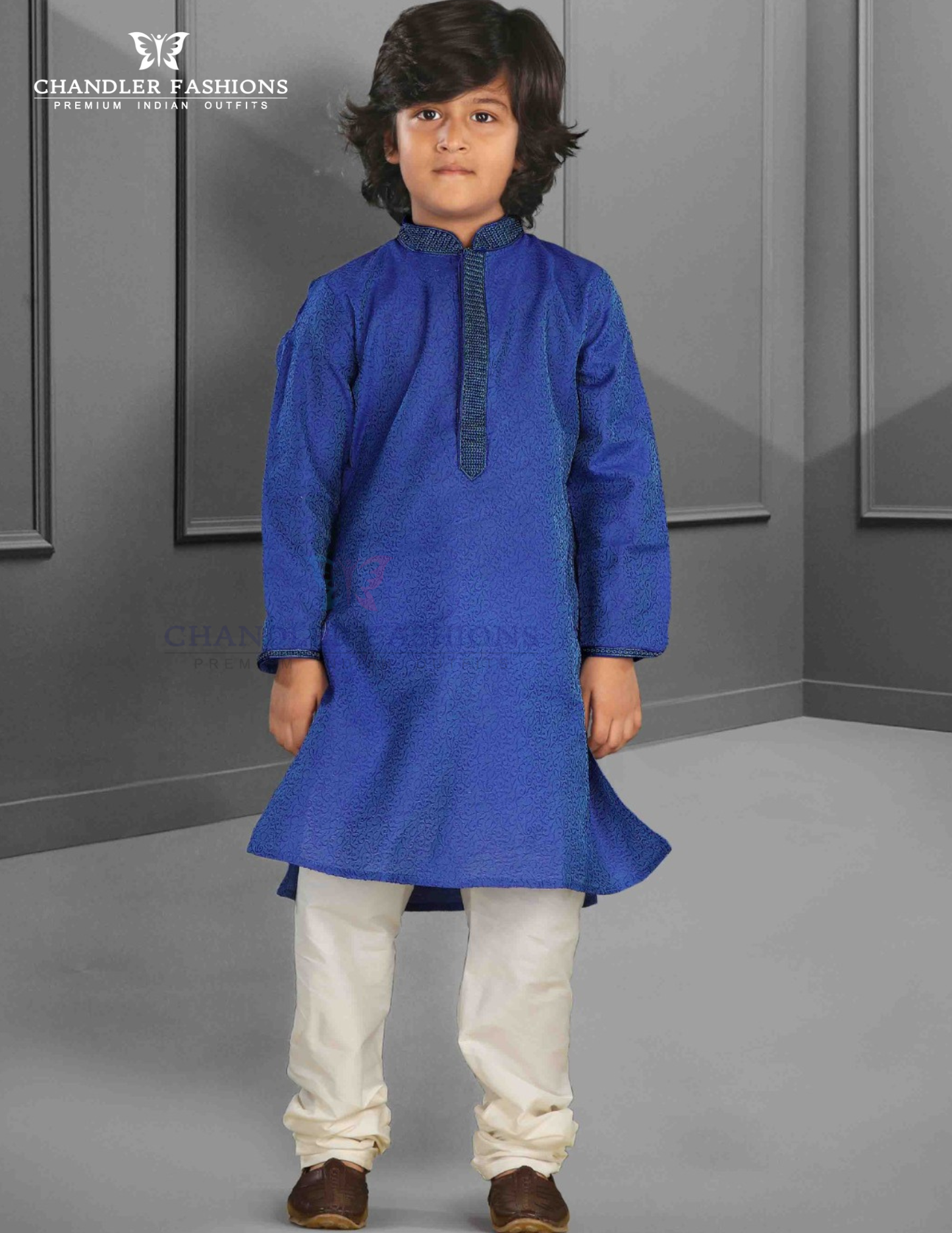 Appealing Royal Blue Color Poly Cotton Kurta Pajama Set For Kids
