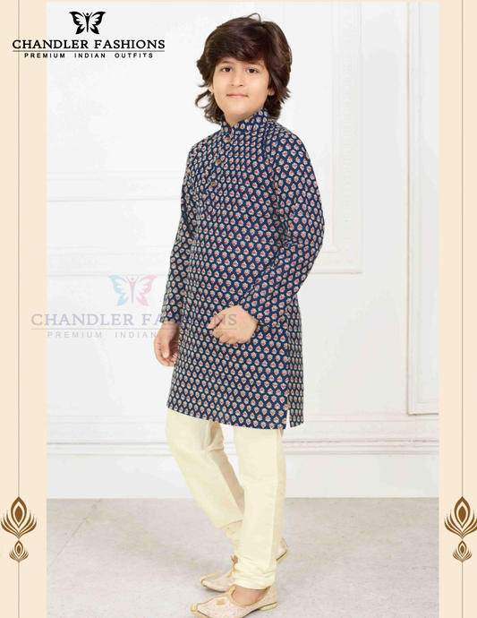 Amazing Navy Blue Color Cotton Kurta Pajama Set For Kids