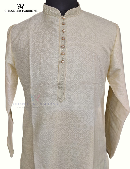 Delightful Ivory Color Brocade Designer Men's Kurta With Pajama Pant