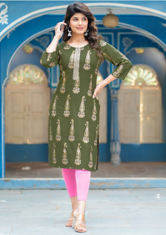 Elegant Green Colored Kurti With Rayon Gold Print And Fancy Embroidery Work For Women