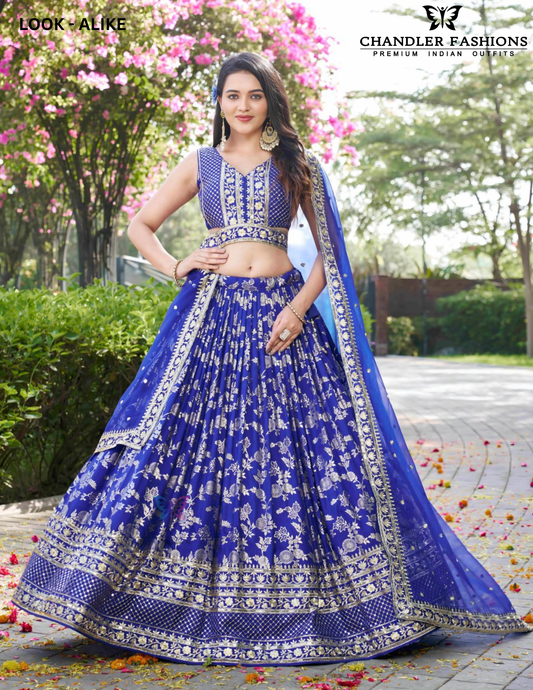 Wonderful Blue Color Silk Jacquard With Sequins And Zari Embroidery Lehenga Choli For Women