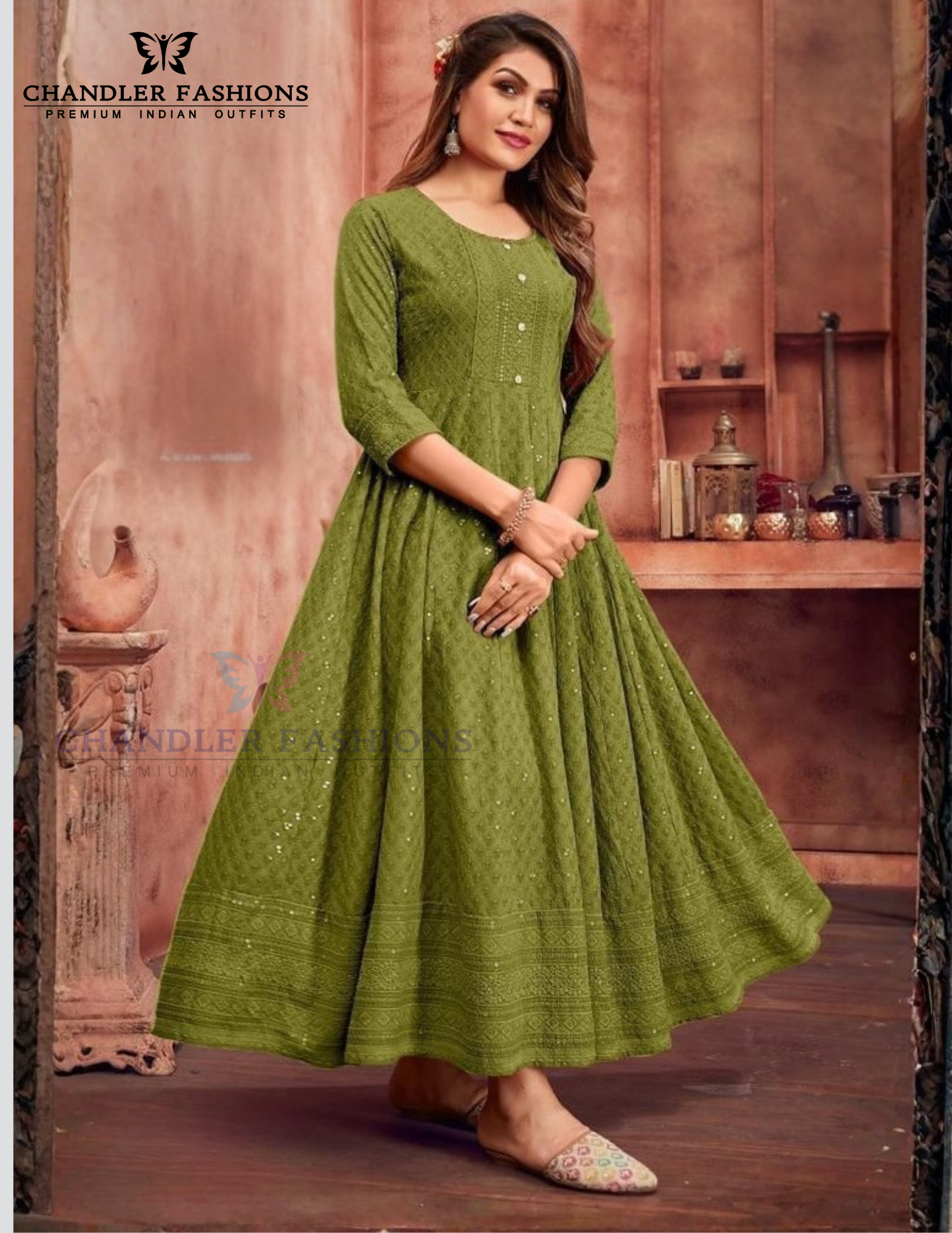 Gorgeous Olive Green Color Anarkali Gown For Women
