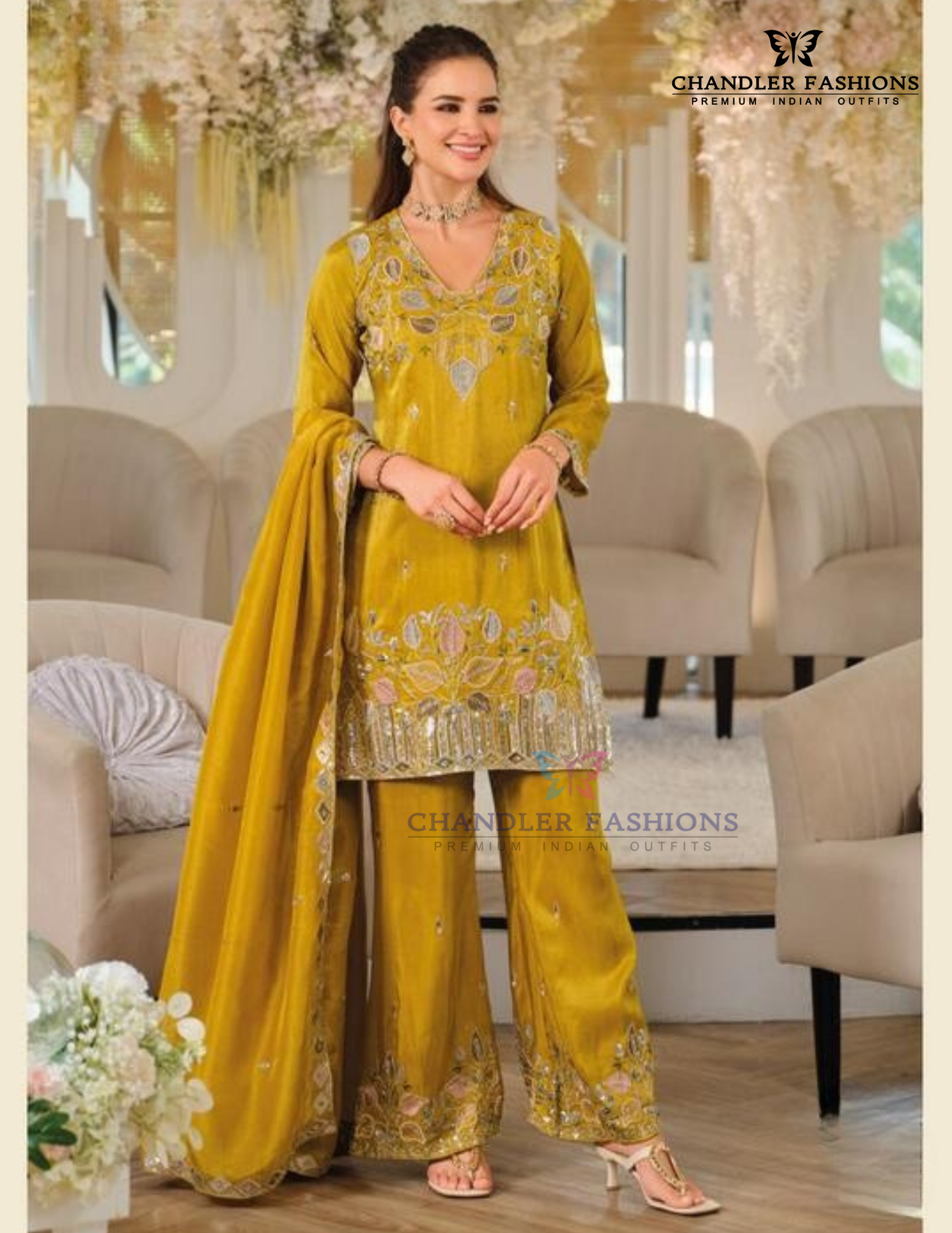 Alluring Mustard Yellow Color Shimmer With Embroidery Work Palazzo Suits For Women