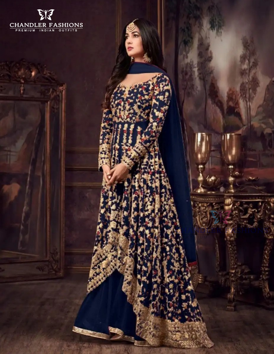 Stunning Navy Blue Color Net With Cording Embroidery Work Anarkali Suit For Women  