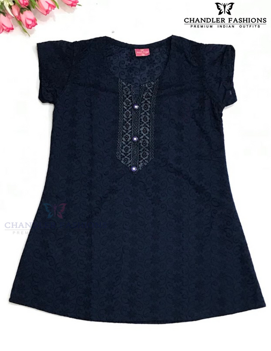 Wonderful Dark Blue Color Cotton With Embroidery Work Kurti For Girls