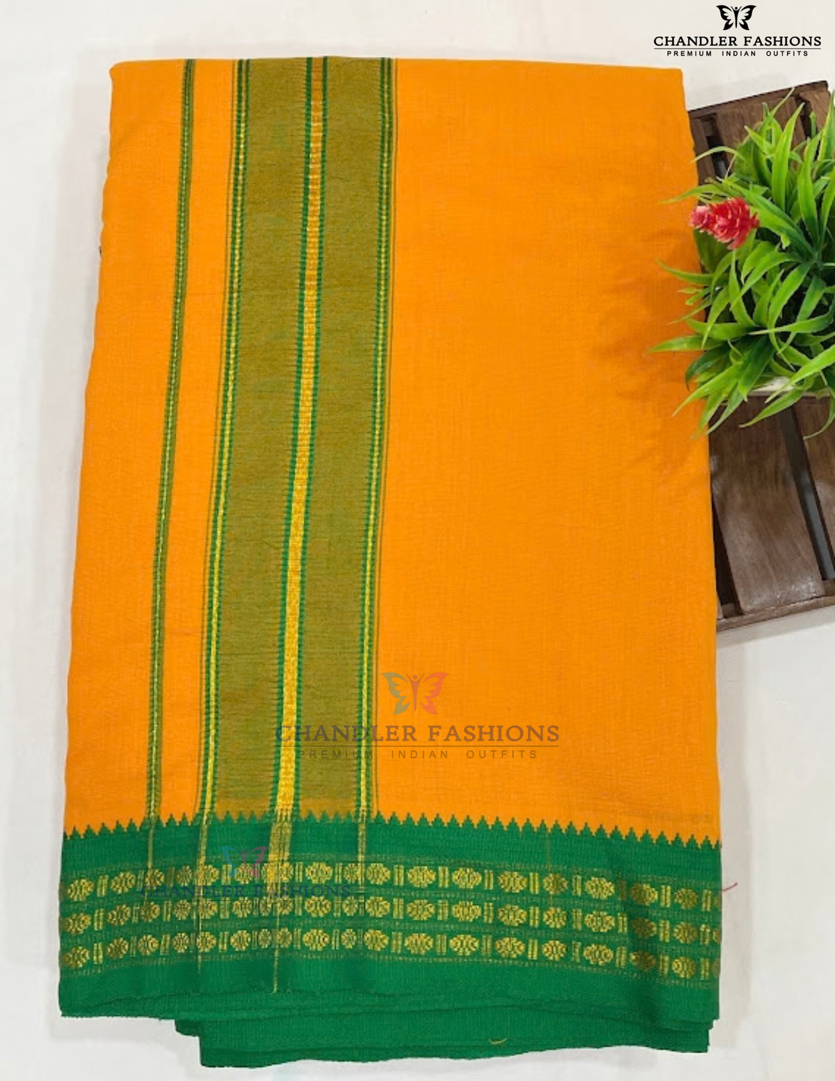 Mustard Orange Cotton Dhoti With Maroon And Green Color Border And Matching Angavastram Near Me