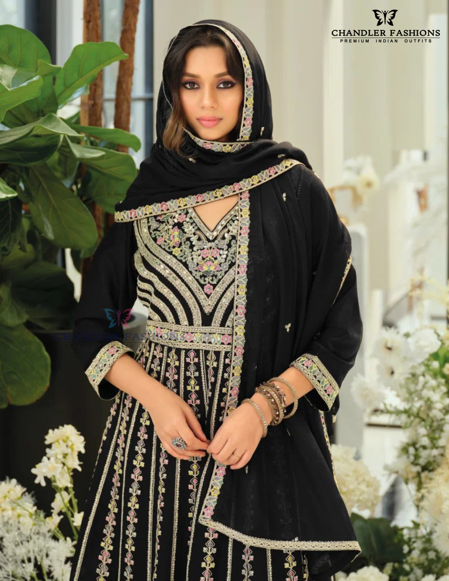 Amazing Black Color Chinon With Embroidery Work Palazzo Suits For Women