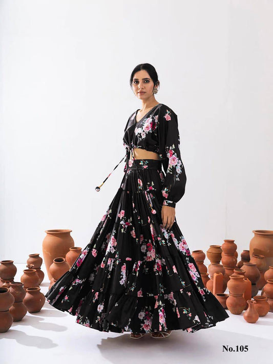 Appealing Black Color Floral Printed Tier Lehenga With Crop Top