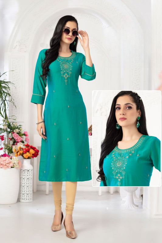 Elegant Rama Green Color Embroidery Work And Rangila Viscose Silk Kurti For Women