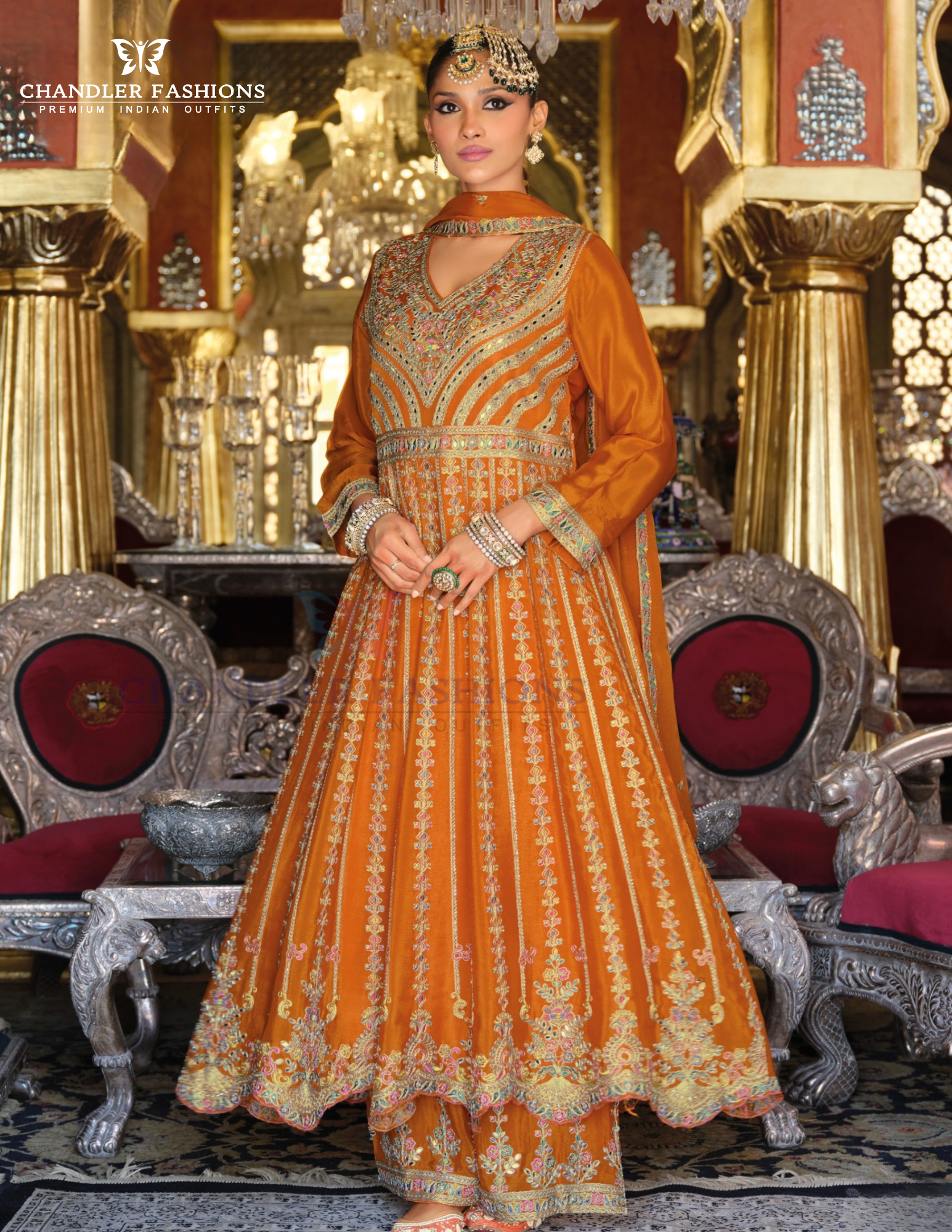 Orange Color Embroidery Work Palazzo Suits In USA