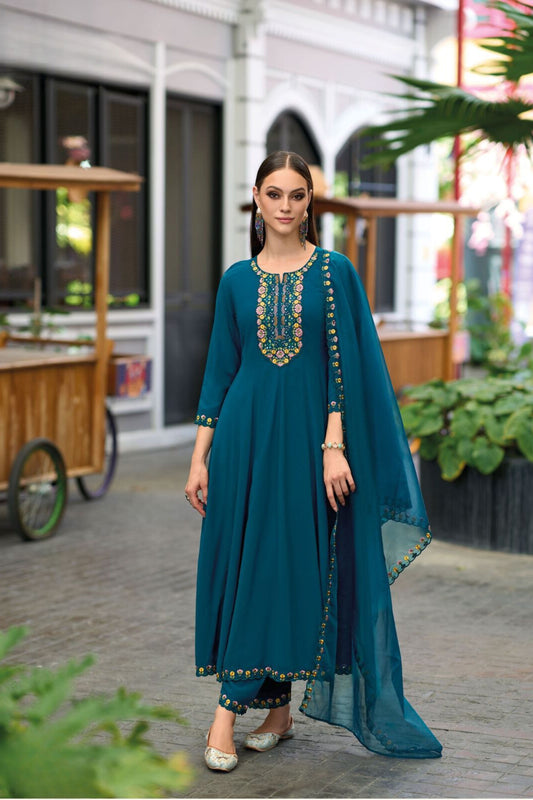 Elegant Teal Blue Color Softy Viscose Sharara Suits With Embroidery Work For Women