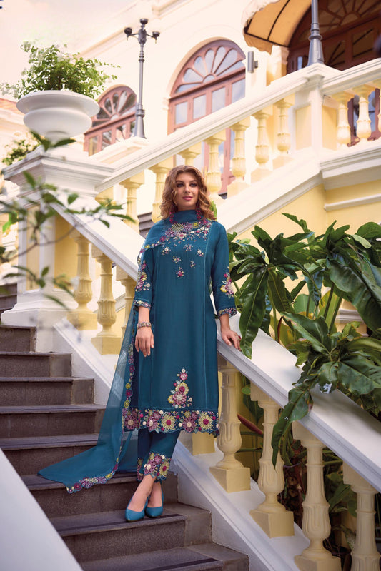 Amazing Teal Blue Color Salwar Suits With Embroidery Work For Women