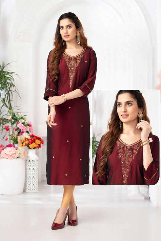 Charming Maroon Green Color Embroidery Work And Rangila Viscose Silk Kurti For Women