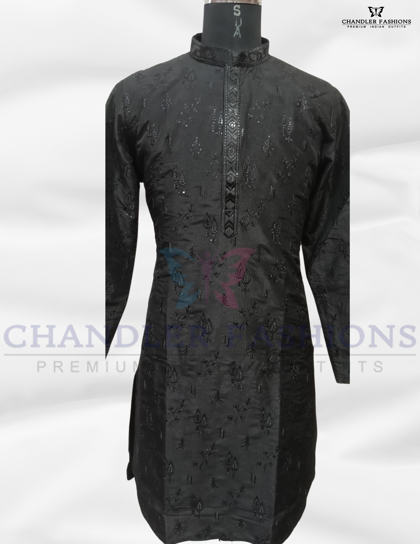 Elegant Black Color Silk Cotton Kurta With Pajama For Men