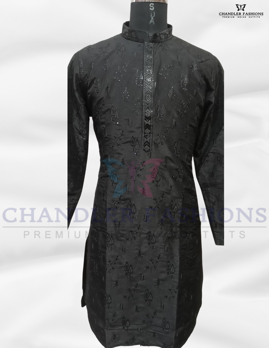 Elegant Black Color Silk Cotton Kurta With Pajama For Men