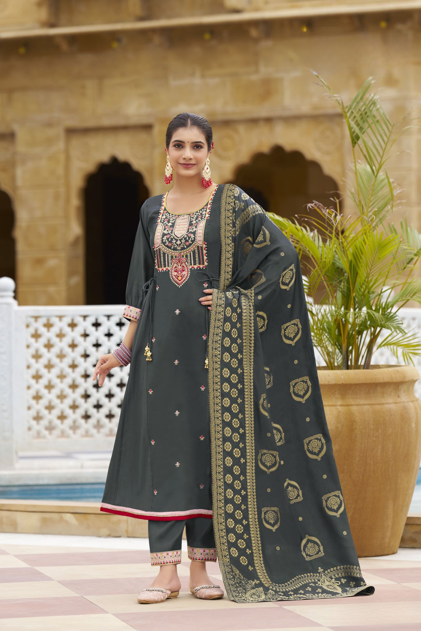 Attractive Gray Color Roman Silk Salwar Suits With Sequice And Thread Work For Women