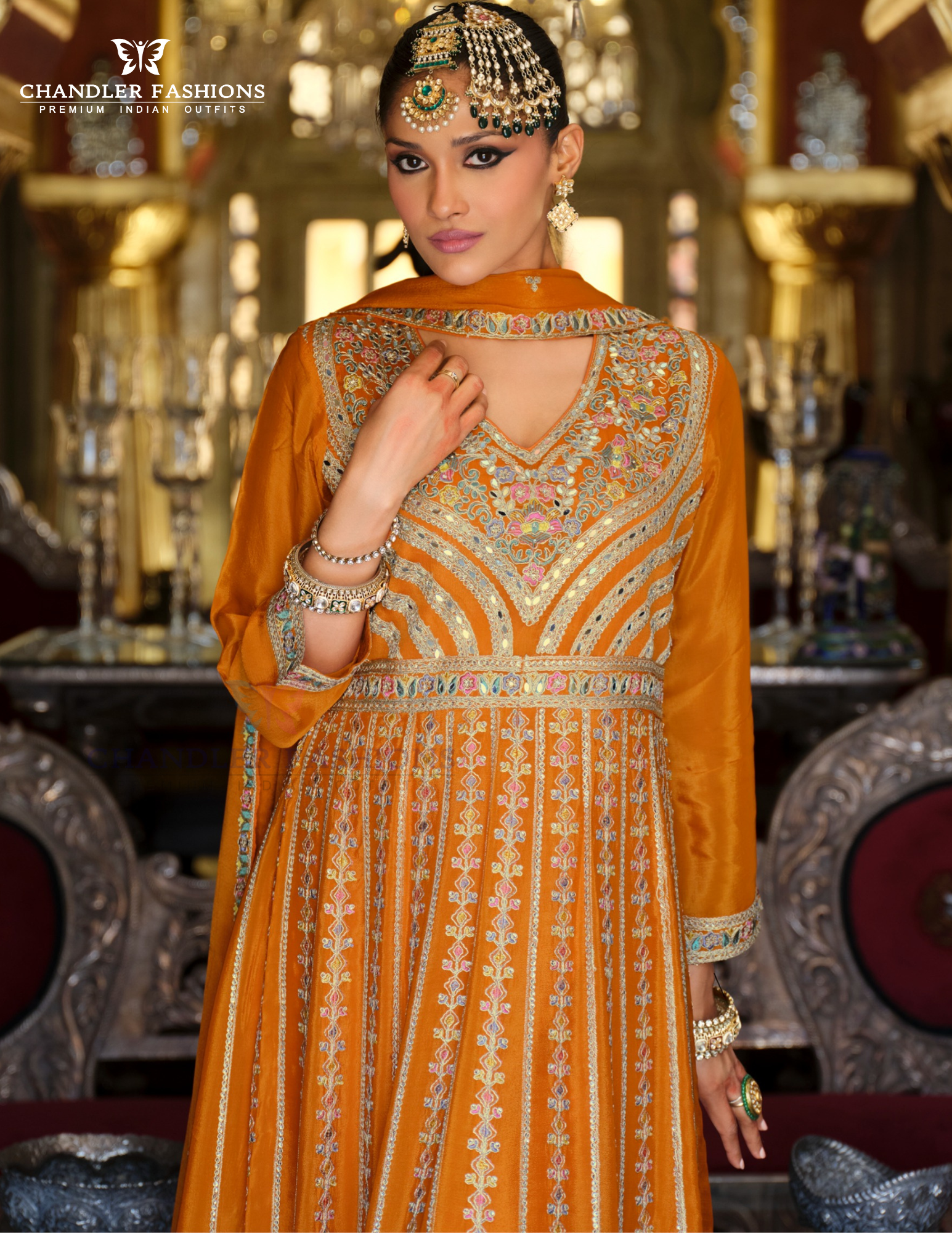 Orange Color Heavy Chinon Palazzo Suits In Chandler