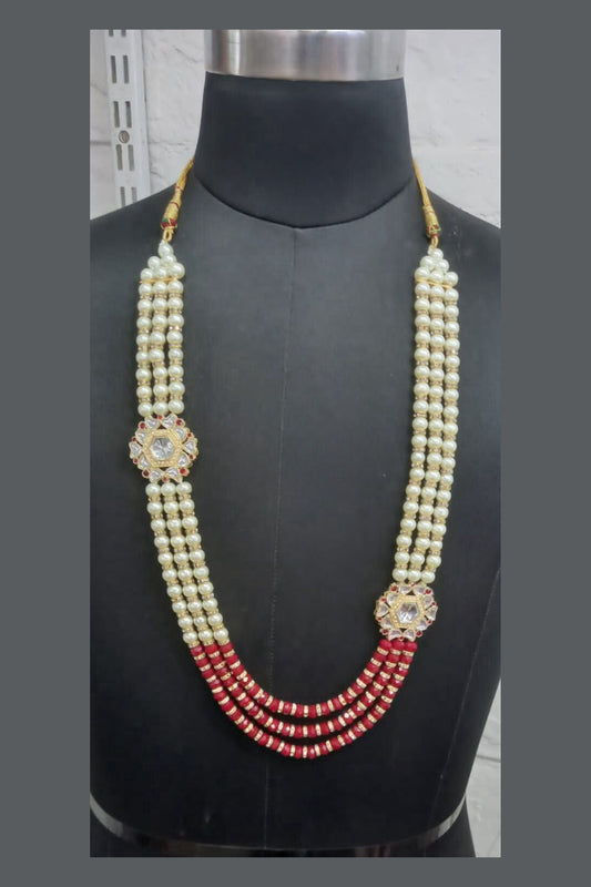 Attractive Maroon Colored Gold Plated Stone And Pearl Work Chains Mala For Men