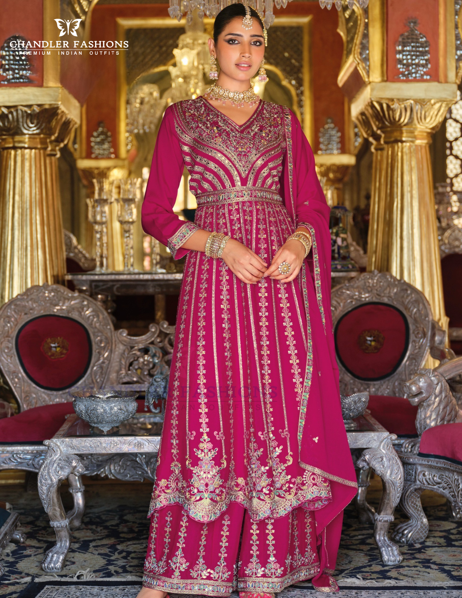 Fantastic Pink Color Heavy Chinon With Embroidery Work Palazzo Suits For Women