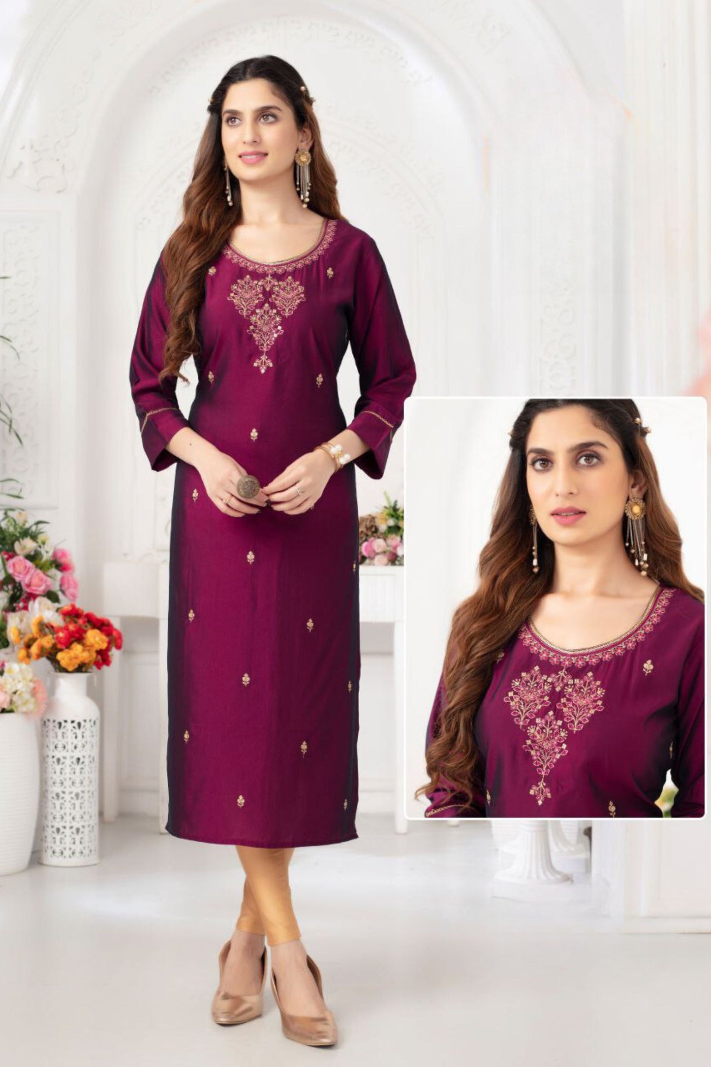 Elegant Purple Color Embroidery Work And Rangila Viscose Silk Kurti For Women