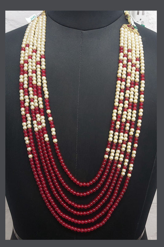 Elegant Maroon Colored Gold Plated And Pearl Work Chains Mala For Men