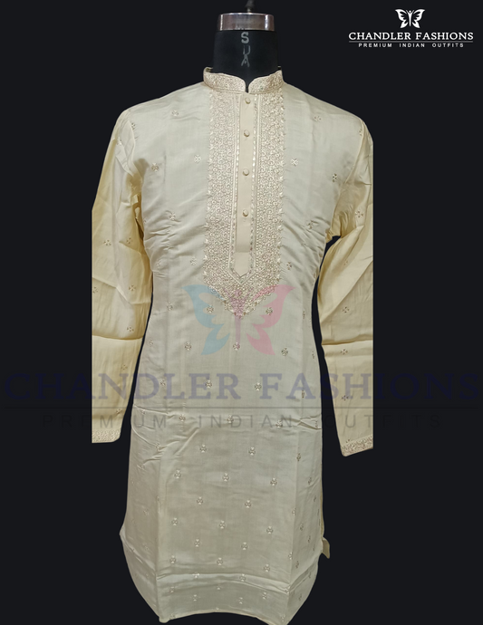 Alluring Beige Color Silk Cotton Kurta With Pajama For Men