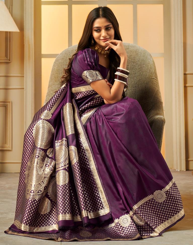Pleasing Violet Color Banarasi Silk Saree For Women Near Me