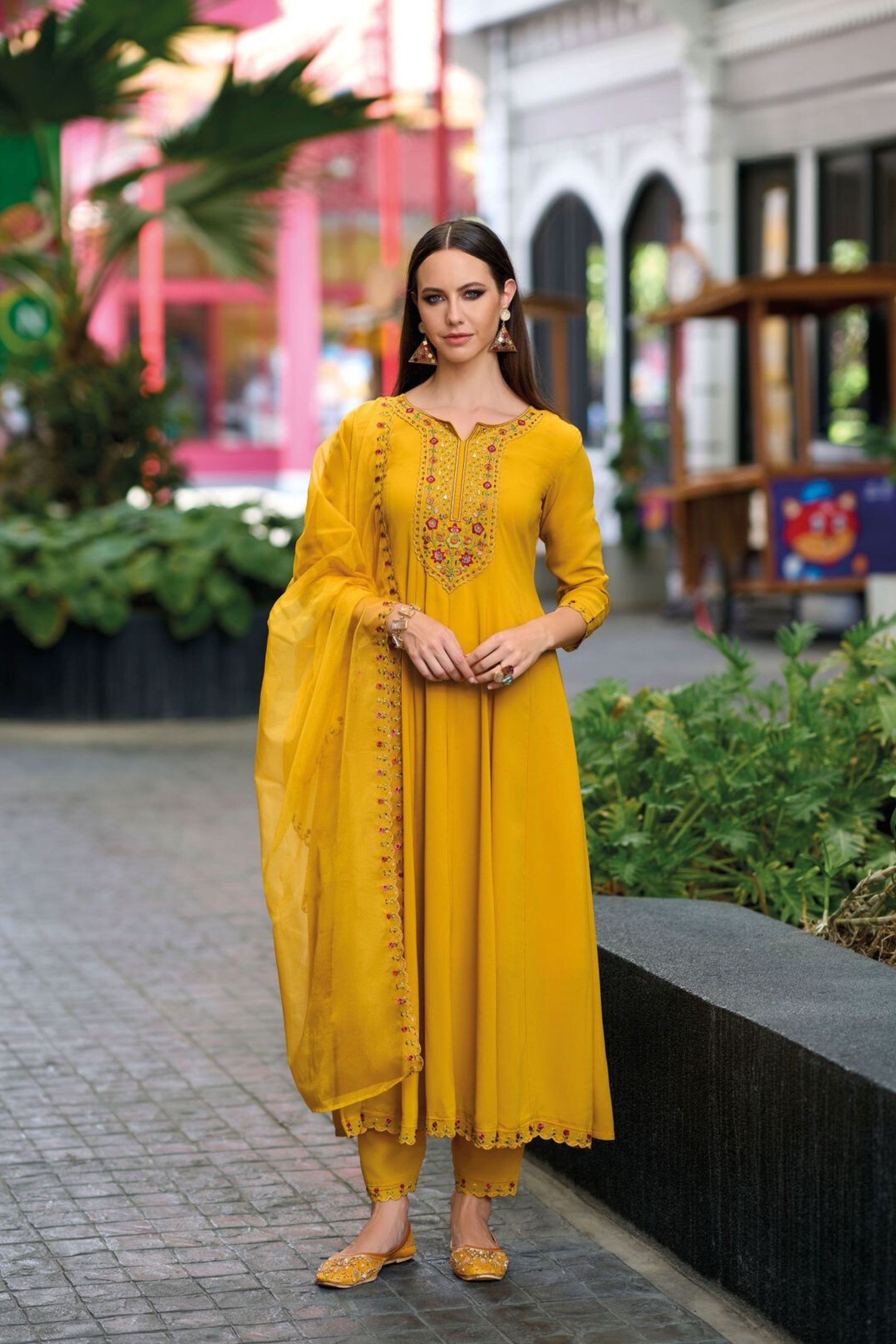 Attractive Yellow Color Softy Viscose Salwar  Suits With Embroidery Work For Women