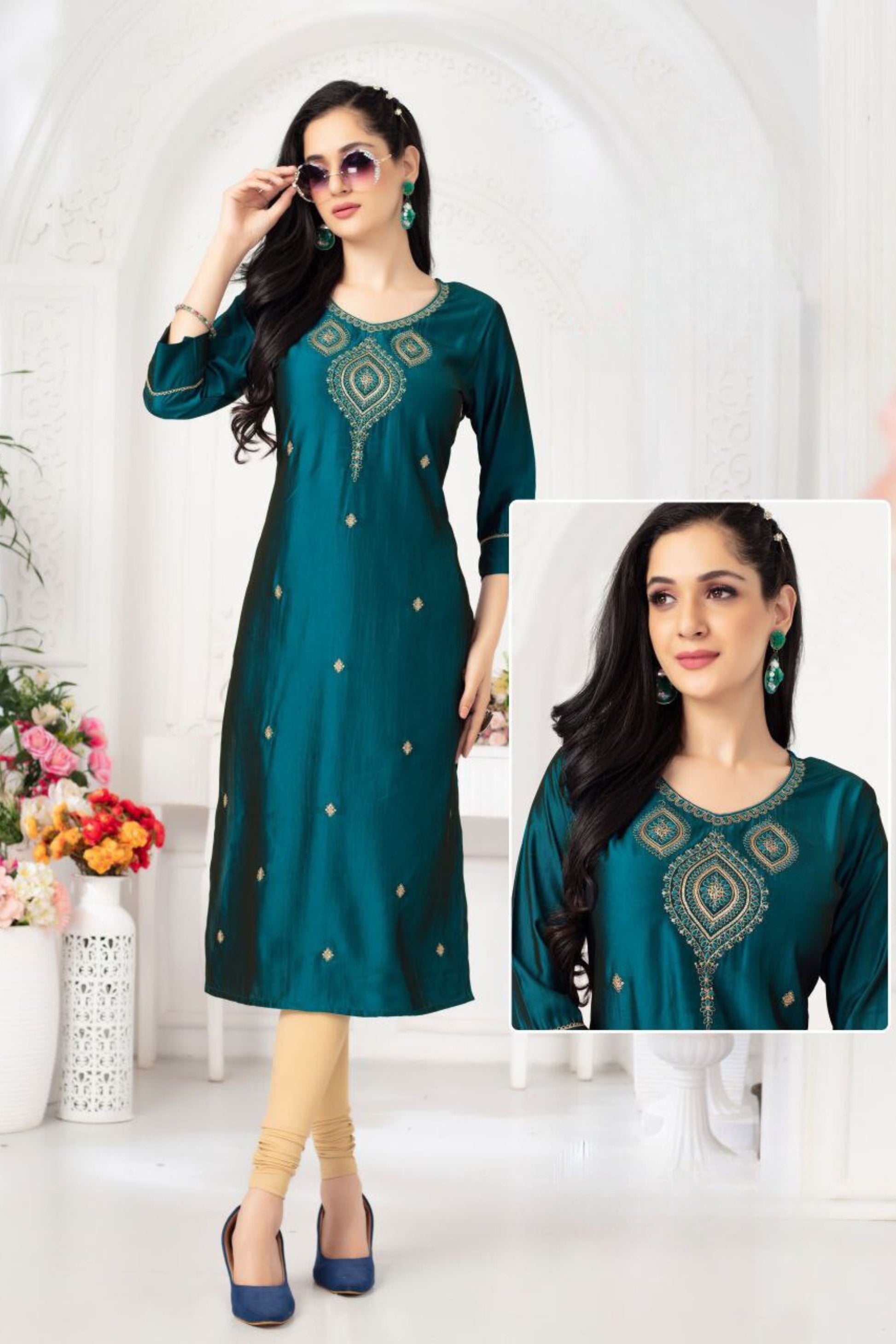 Attractive Teal Blue Color Embroidery Work And Rangila Viscose Silk Kurti For Women